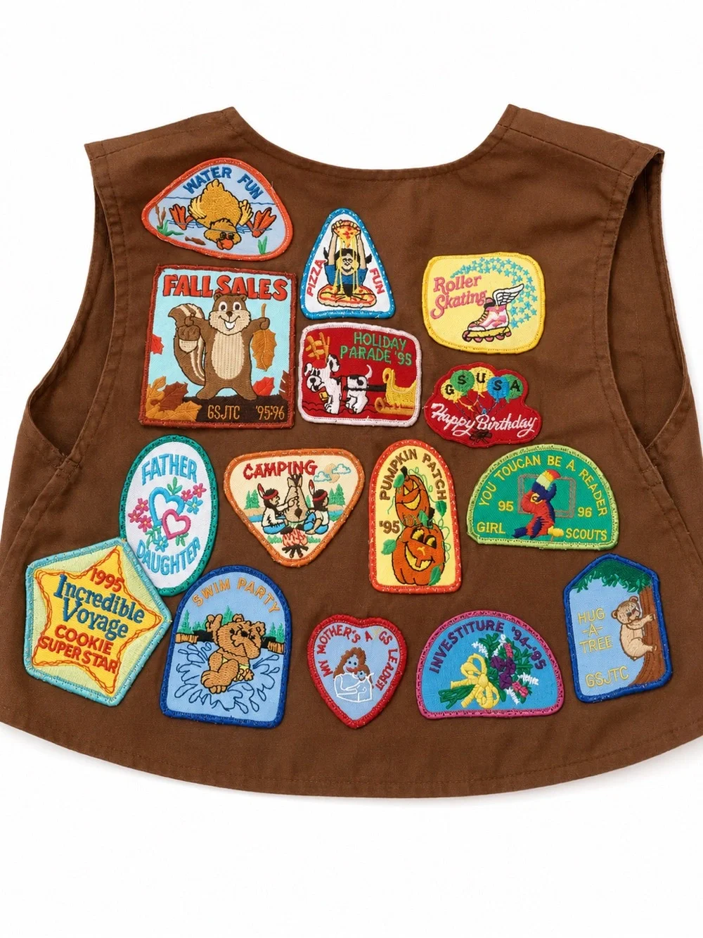 Vintage 90s Girl Scouts Brown Vest and Sash with Merit Badges -